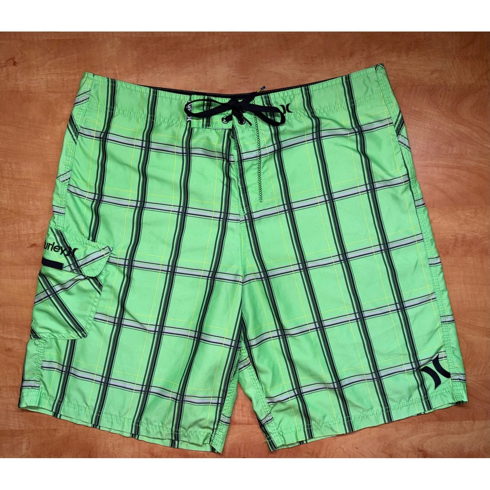 Hurley Mens Board Shorts Lime Green Plaid‎ Swim Trunks Cargo Pocket Size 36